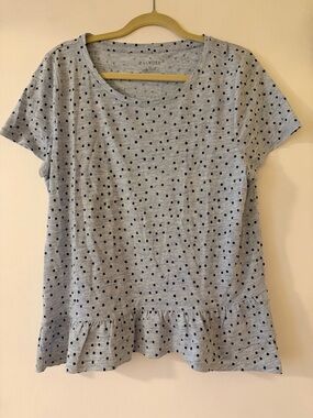 Talbots Light Blue-Gray Tee with Navy Polka Dots and Ruffle Hem